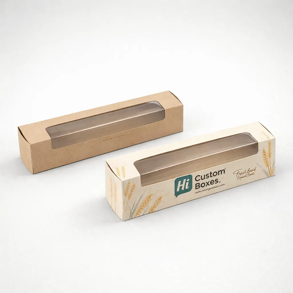Long rectangular baguette boxes with top clear windows and elegant wheat illustrations on white cardstock.